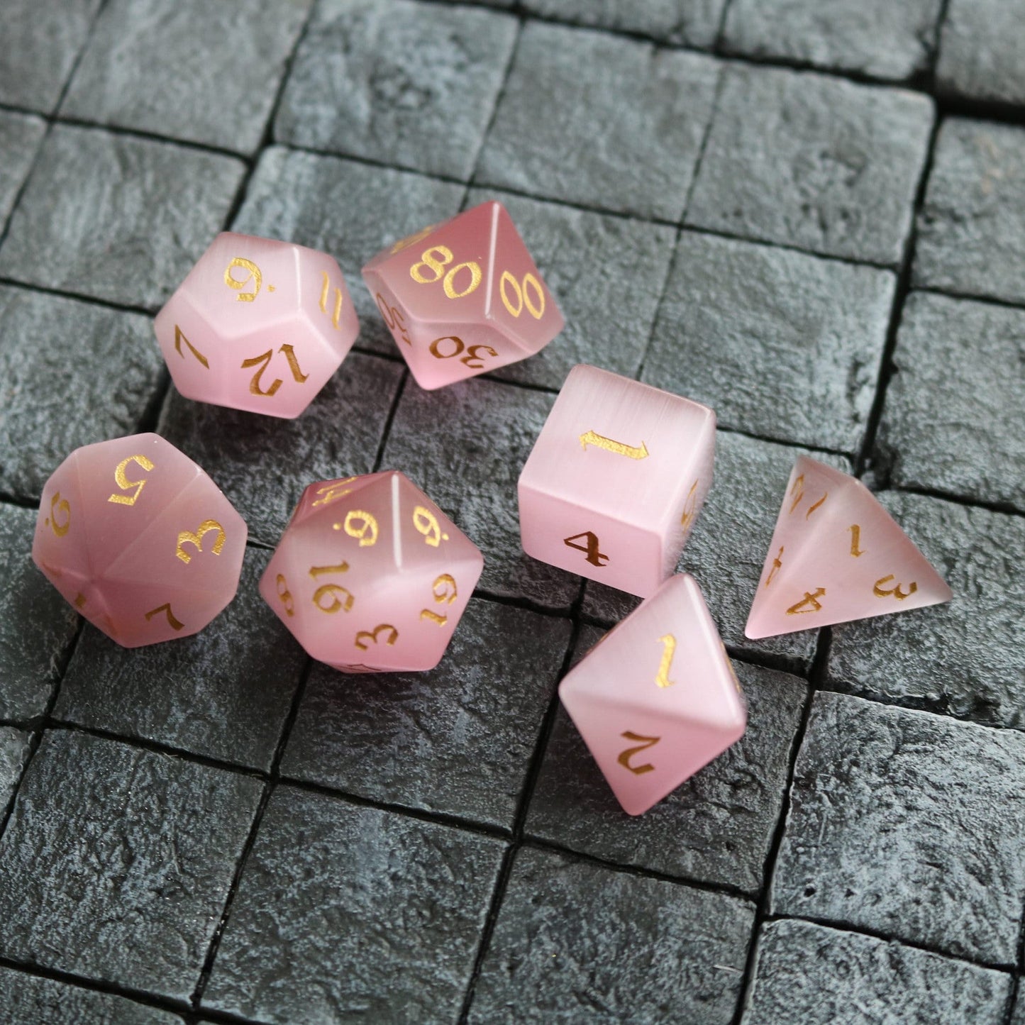 Hand Carved Gemstone Pink Watermelon Cats Eye Stone (And Box) Polyhedral Dice