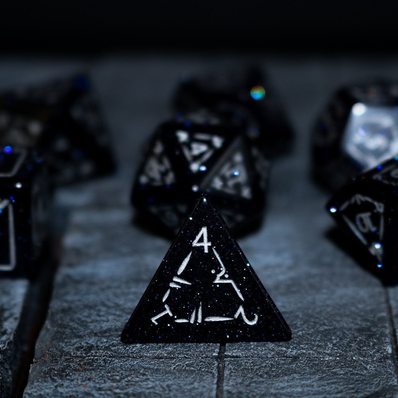 Set Of Dragon Shield Gemstone Blue Sandstone Silver Font (And Box) Polyhedral Dice Dice Set