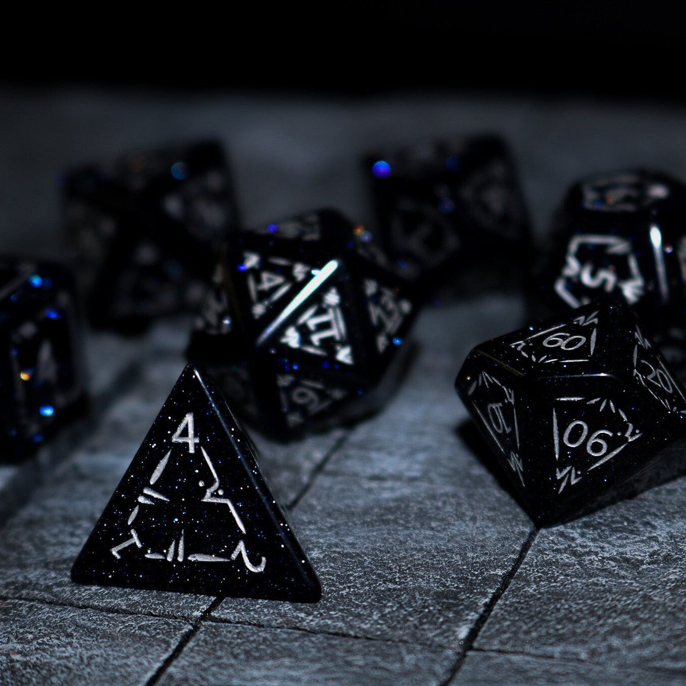 Set Of Dragon Shield Gemstone Blue Sandstone Silver Font (And Box) Polyhedral Dice Dice Set