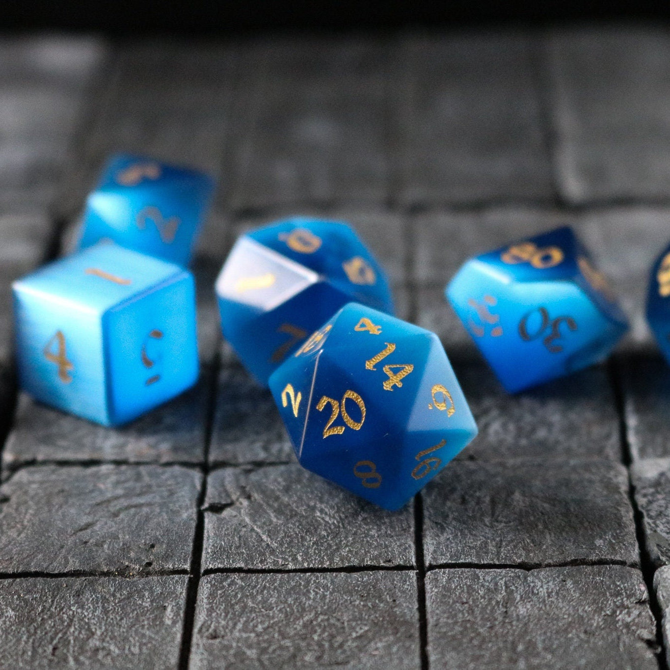 Hand Carved Gemstone Dark Blue Cats Eye Stone (And Box) Polyhedral Dice DnD Dice Set - RPG