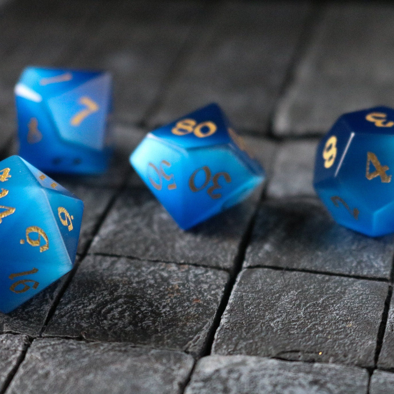 Hand Carved Gemstone Dark Blue Cats Eye Stone (And Box) Polyhedral Dice DnD Dice Set - RPG