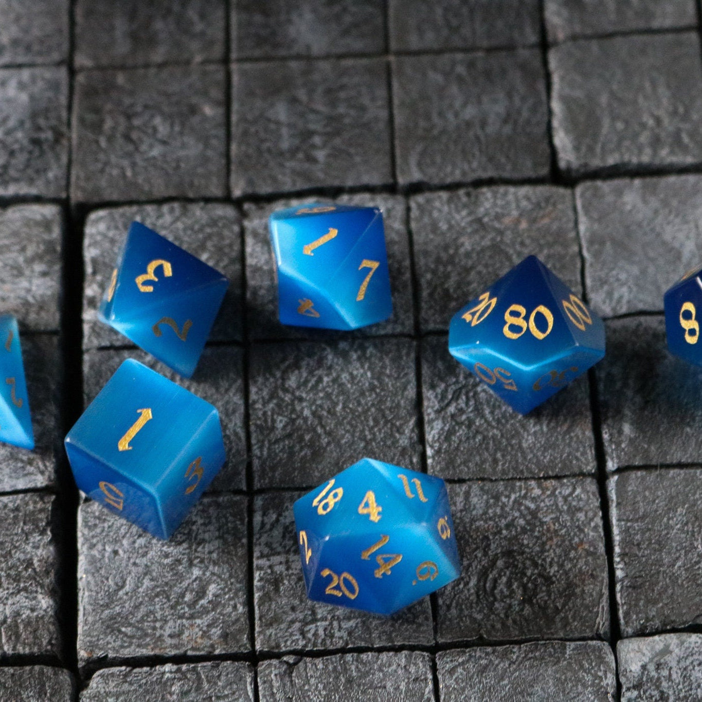 Hand Carved Gemstone Dark Blue Cats Eye Stone (And Box) Polyhedral Dice DnD Dice Set - RPG