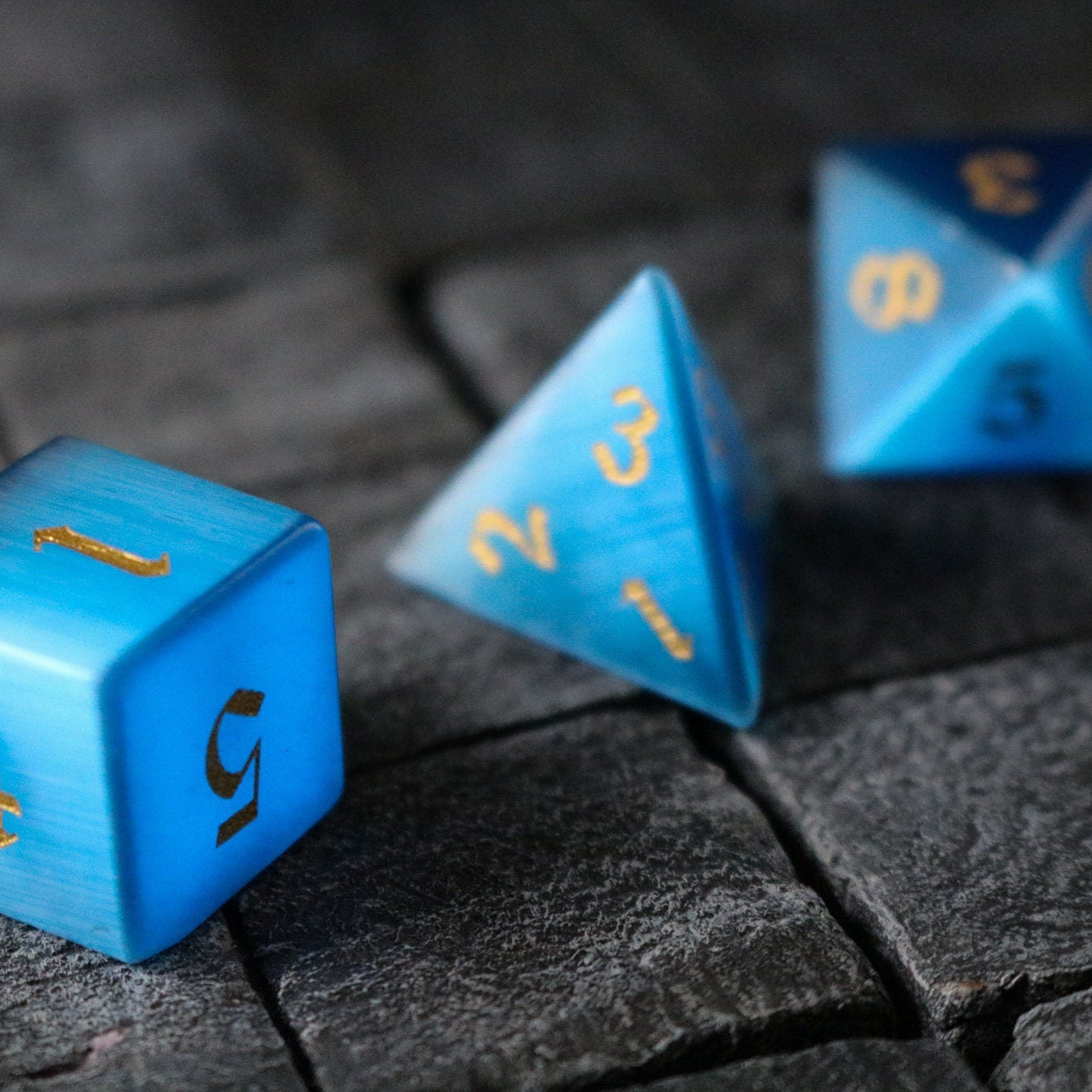 Hand Carved Gemstone Dark Blue Cats Eye Stone (And Box) Polyhedral Dice DnD Dice Set - RPG