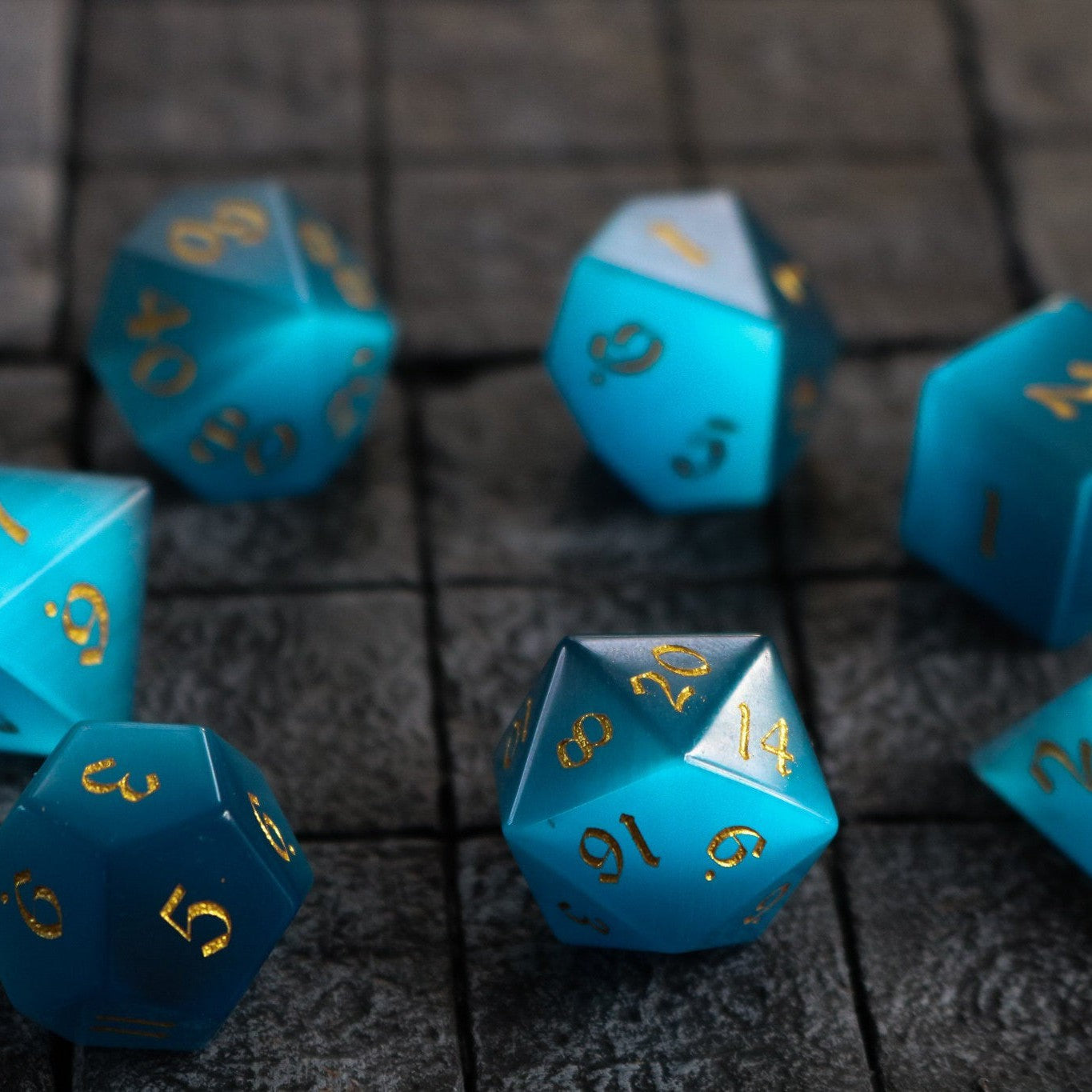 Hand Carved Gemstone Light Blue Cats Eye Stone (And Box) Polyhedral Dice DND Set