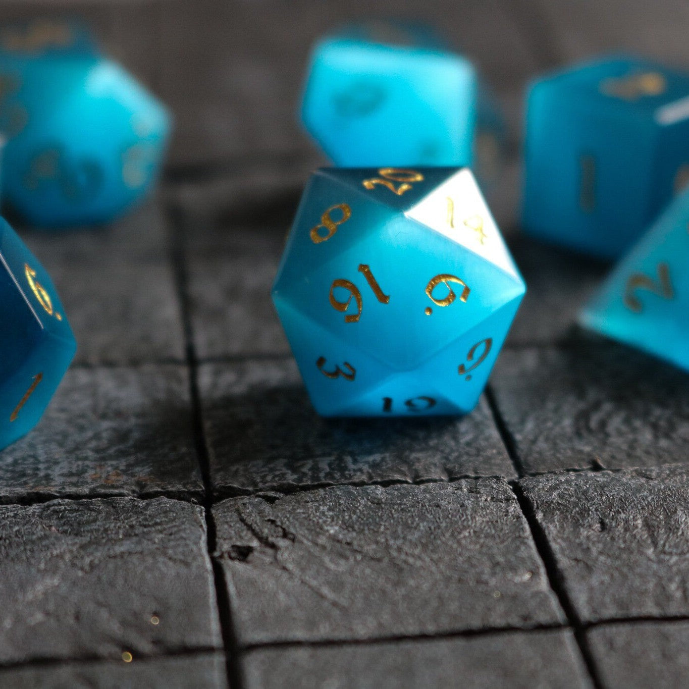 Hand Carved Gemstone Light Blue Cats Eye Stone (And Box) Polyhedral Dice DND Set