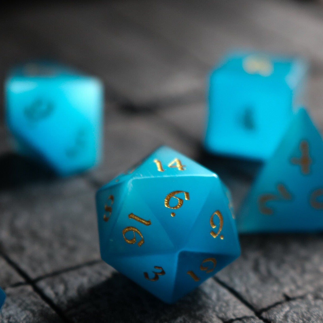 Hand Carved Gemstone Light Blue Cats Eye Stone (And Box) Polyhedral Dice DND Set