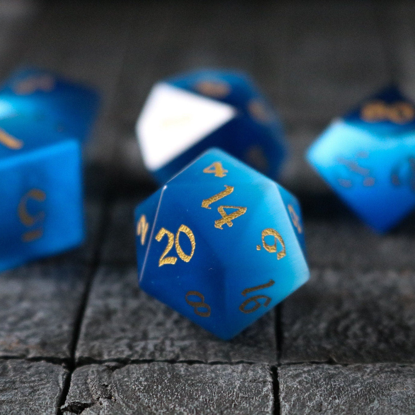 Hand Carved Gemstone Dark Blue Cats Eye Stone (And Box) Polyhedral Dice DnD Dice Set - RPG