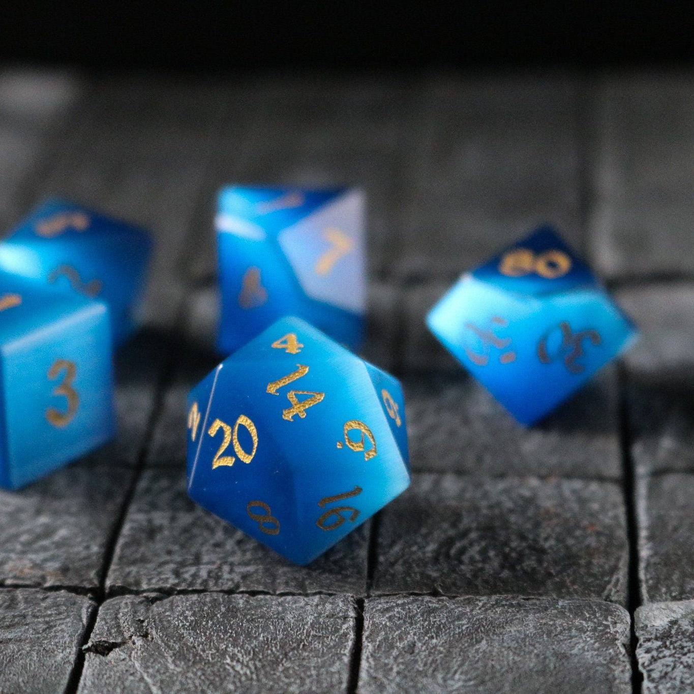 Hand Carved Gemstone Dark Blue Cats Eye Stone (And Box) Polyhedral Dice DnD Dice Set - RPG