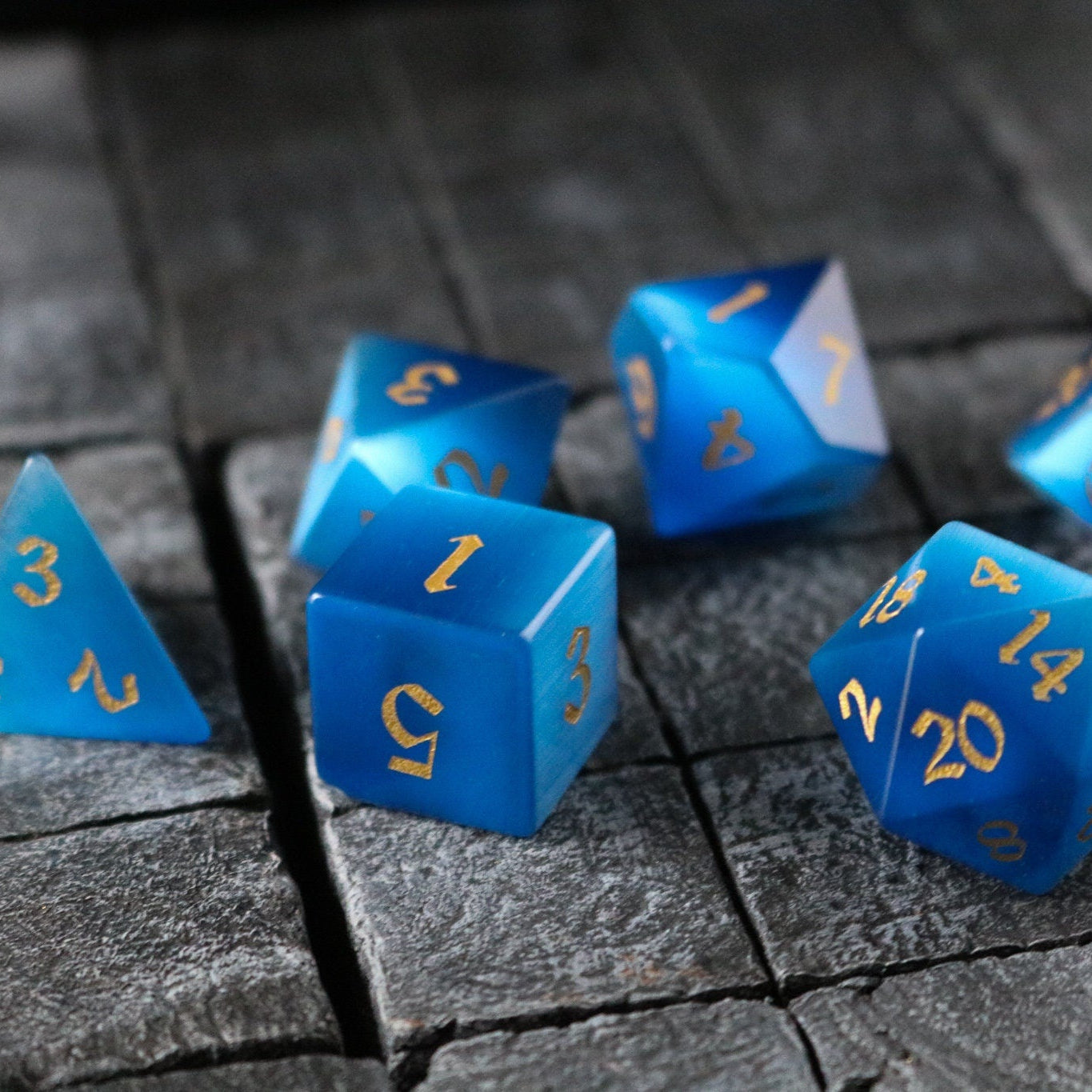 Hand Carved Gemstone Dark Blue Cats Eye Stone (And Box) Polyhedral Dice DnD Dice Set - RPG