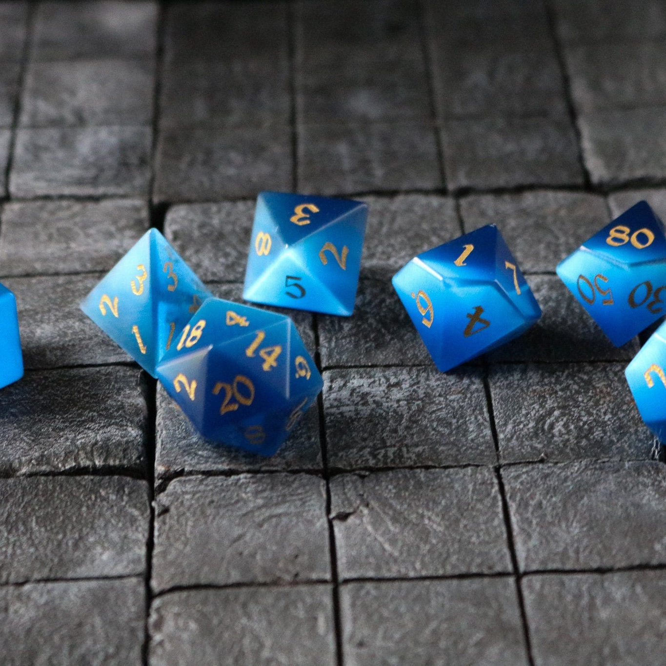 Hand Carved Gemstone Dark Blue Cats Eye Stone (And Box) Polyhedral Dice DnD Dice Set - RPG