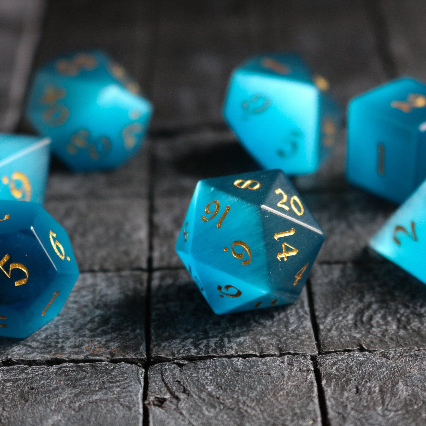 Hand Carved Gemstone Light Blue Cats Eye Stone (And Box) Polyhedral Dice DND Set