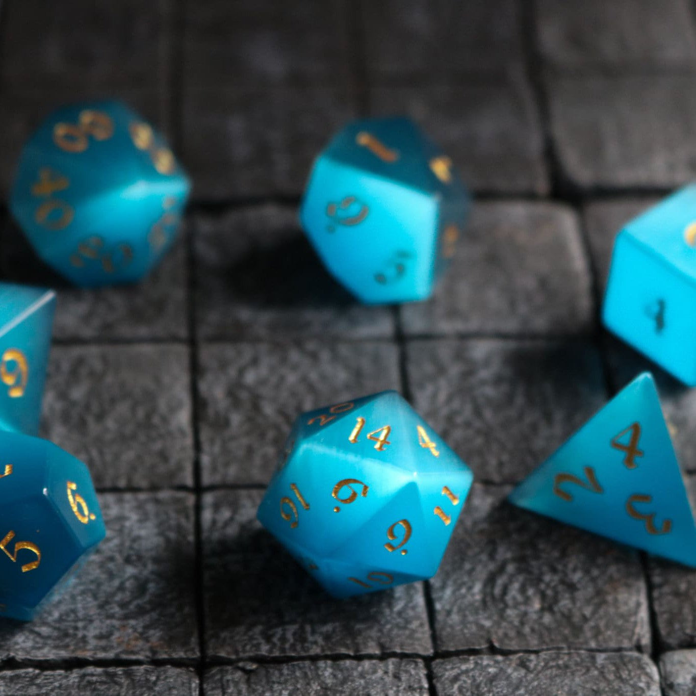 Hand Carved Gemstone Light Blue Cats Eye Stone (And Box) Polyhedral Dice DND Set