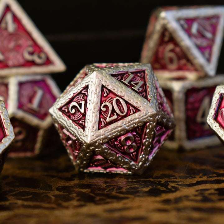 Ballad of the Bard Fuchsia and Silver Metal Dice Set