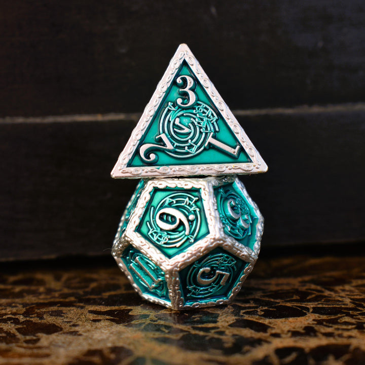 Ballad of the Bard Green and Silver Metal Dice Set