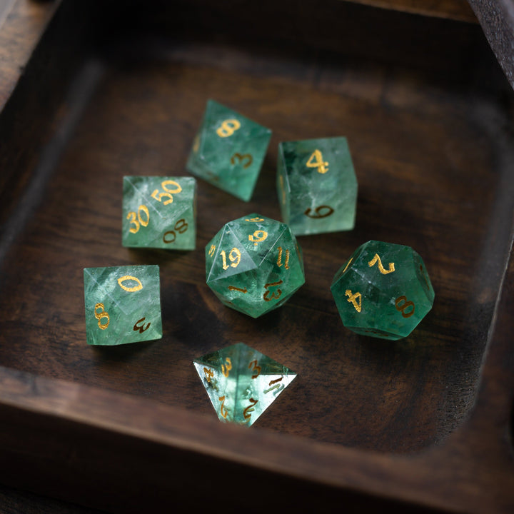 Green Fluorite Gemstone Dice (Chlorophane)  Hand Carved Polyhedral Dice (With Box) DND Set