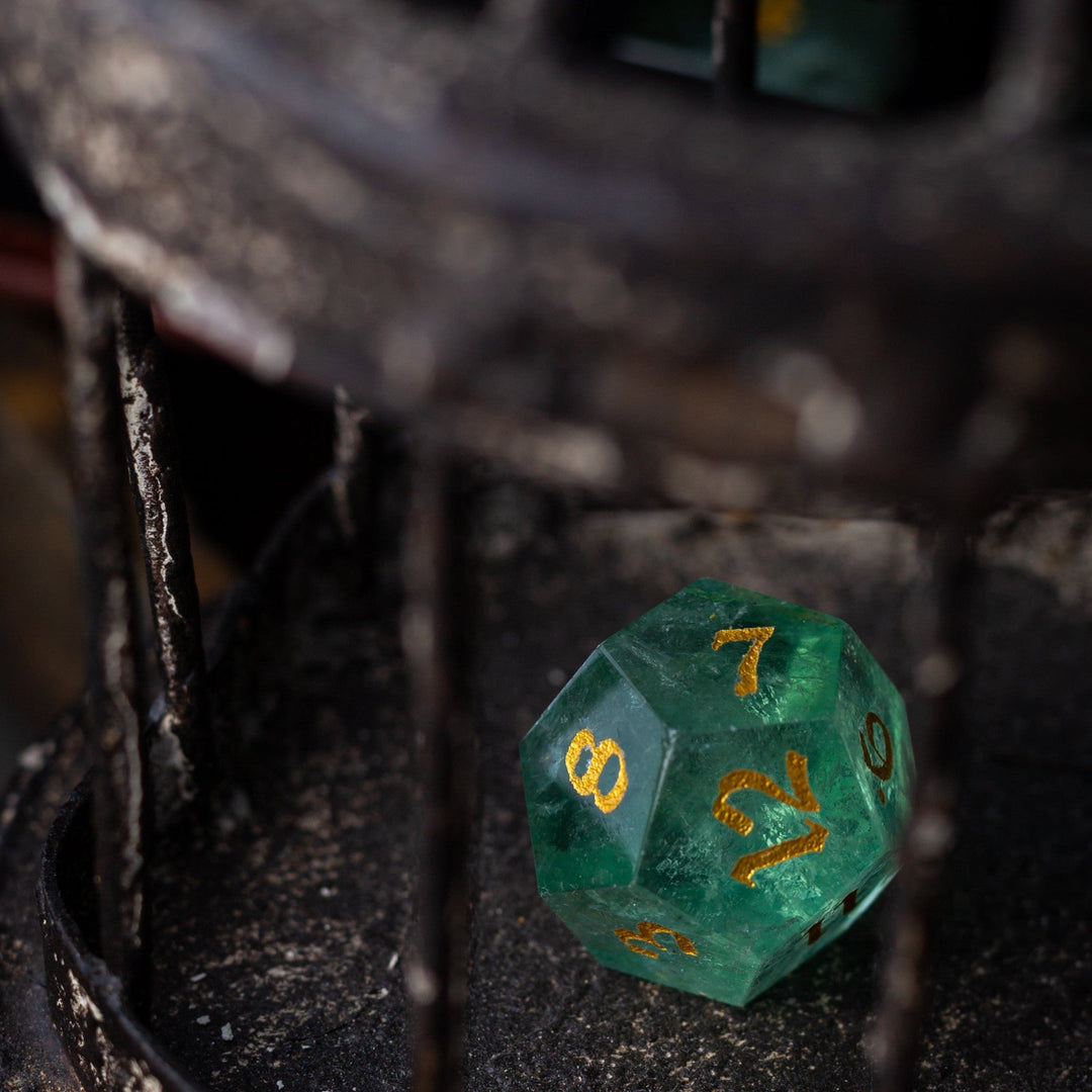 Green Fluorite Gemstone Dice (Chlorophane)  Hand Carved Polyhedral Dice (With Box) DND Set