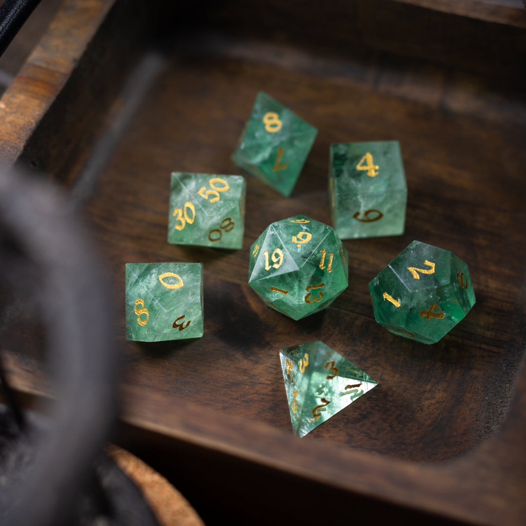 Green Fluorite Gemstone Dice (Chlorophane)  Hand Carved Polyhedral Dice (With Box) DND Set