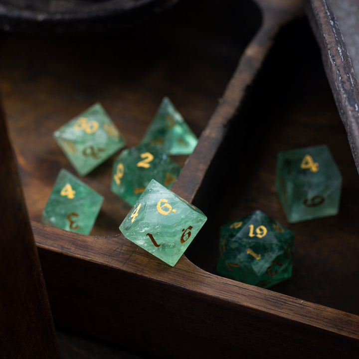 Green Fluorite Gemstone Dice (Chlorophane)  Hand Carved Polyhedral Dice (With Box) DND Set