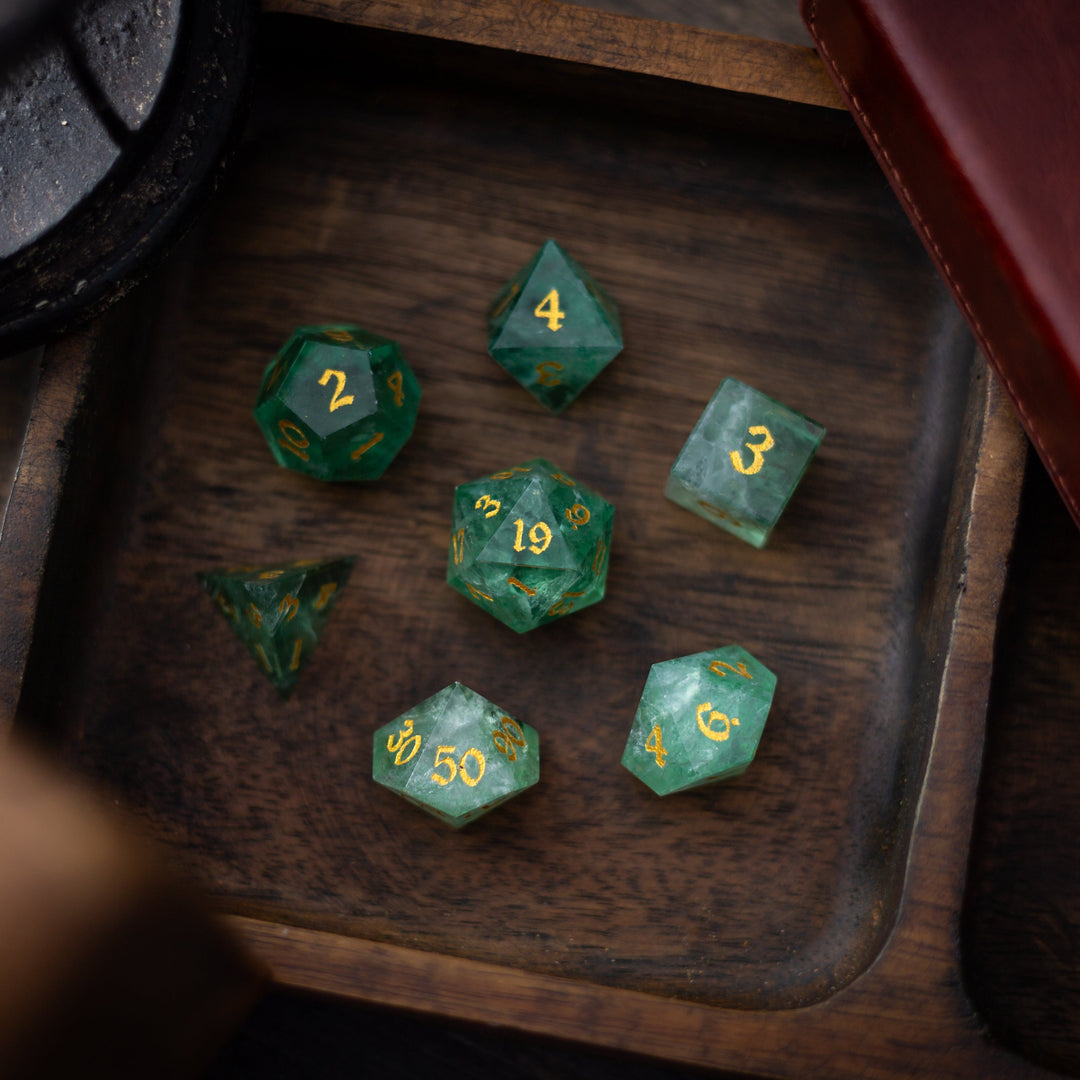 Green Fluorite Gemstone Dice (Chlorophane)  Hand Carved Polyhedral Dice (With Box) DND Set