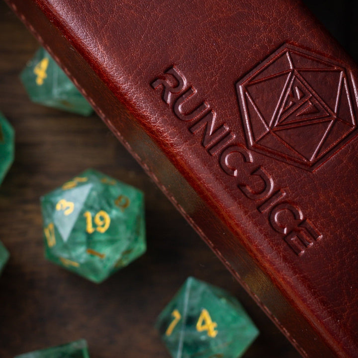 Green Fluorite Gemstone Dice (Chlorophane)  Hand Carved Polyhedral Dice (With Box) DND Set