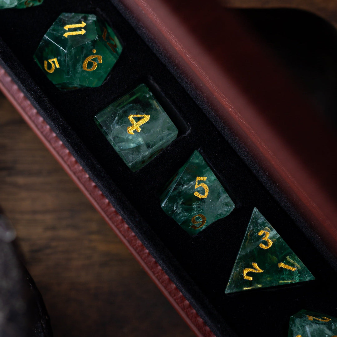 Green Fluorite Gemstone Dice (Chlorophane)  Hand Carved Polyhedral Dice (With Box) DND Set