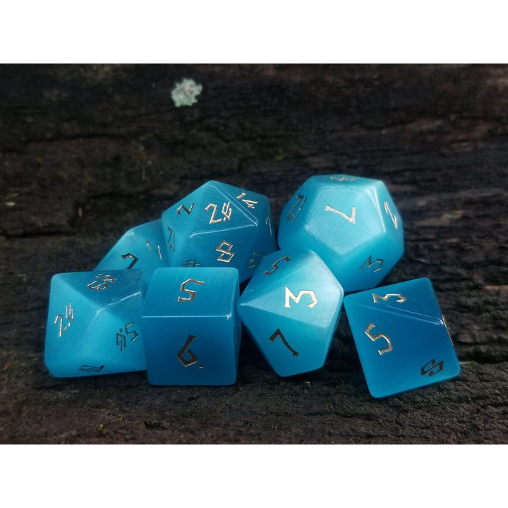 Aqua Blue Cat's Eye Stone Dice Set