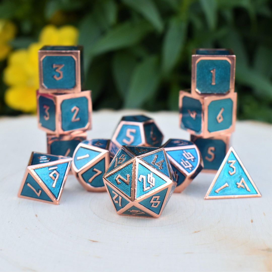 Elder Runes Aqua And Bronze Metal Dice Set