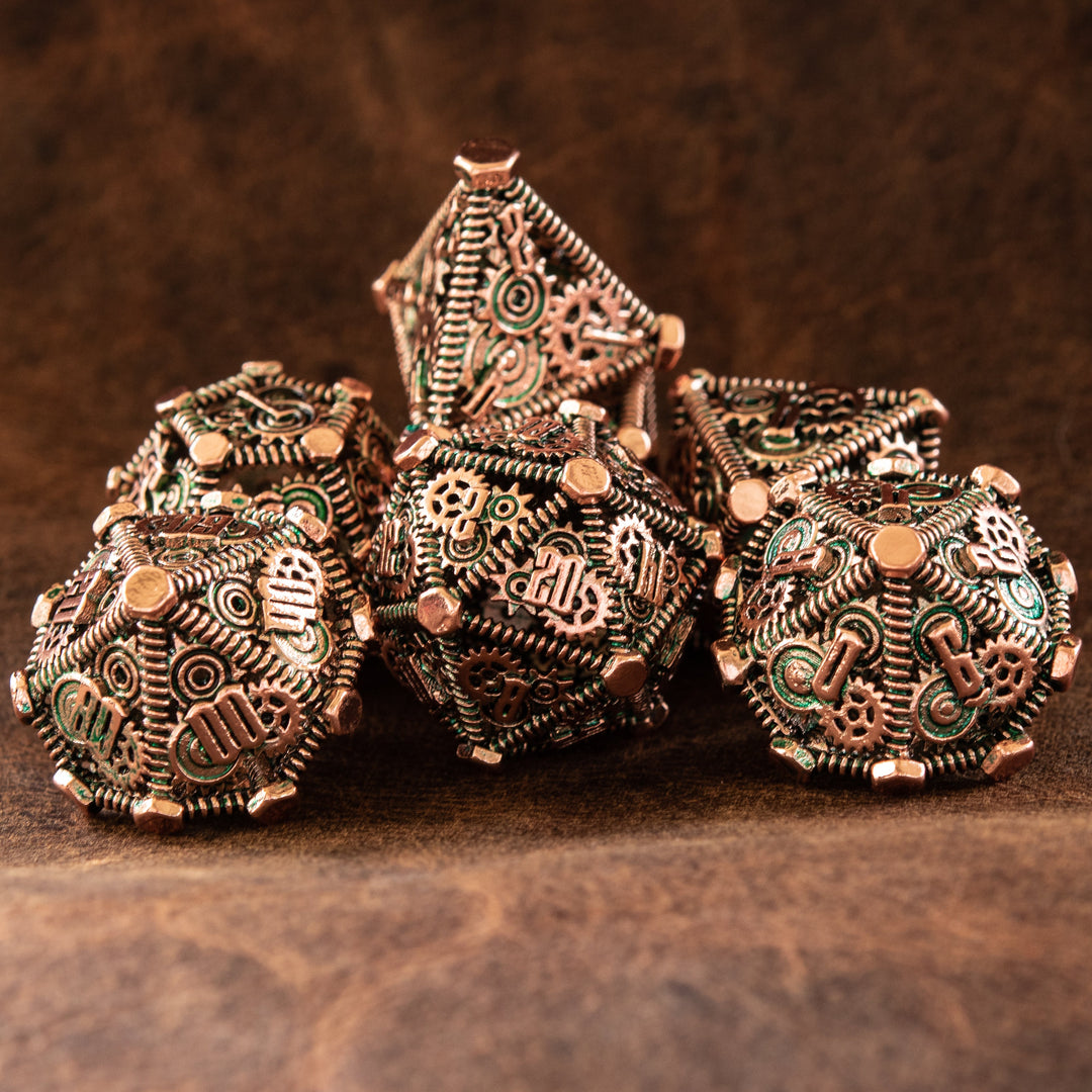 Weird West Wasteland Hollow Metal Dice Set - Green and Bronze