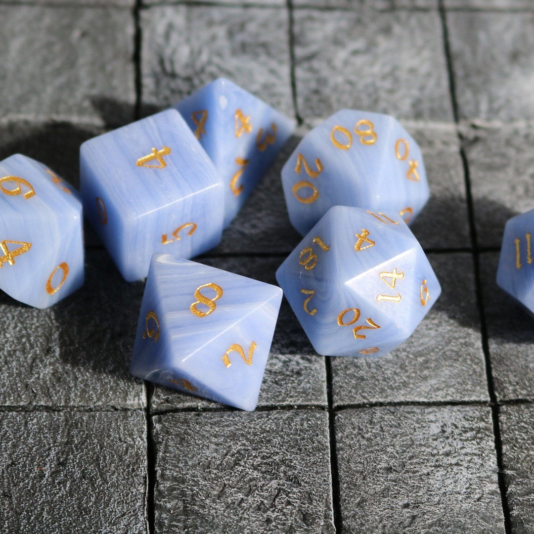 Hand Carved Gemstone Blue Lace Agate Eye Stone (And Box) Polyhedral Dice DnD Dice Set