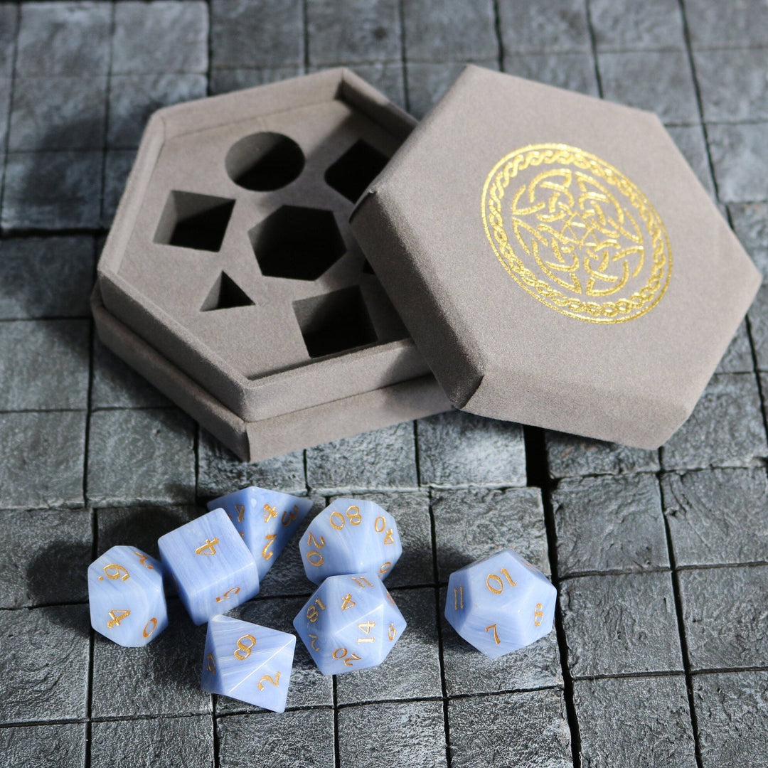 Hand Carved Gemstone Blue Lace Agate Eye Stone (And Box) Polyhedral Dice DnD Dice Set