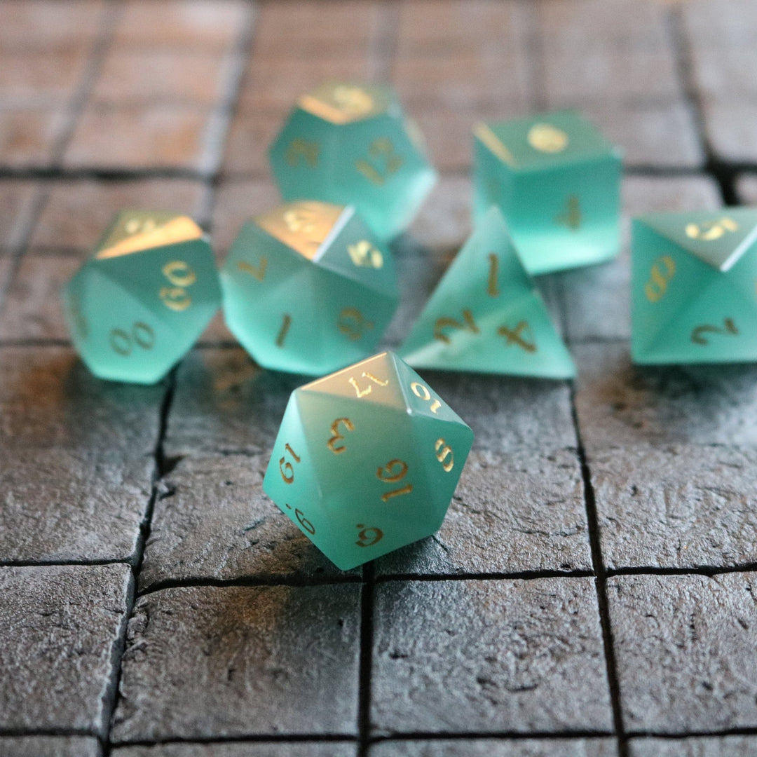 Hand Carved  Gemstone Aquamarine Cats Eye Stone (And Box) Polyhedral Dice DND Set