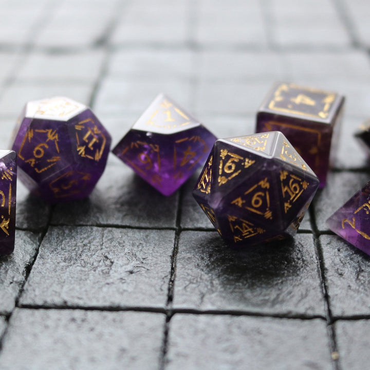 Dragon Shield Purple Gemstone Amethyst Dice (With Box) Hand Carved Polyhedral Dice DND Set