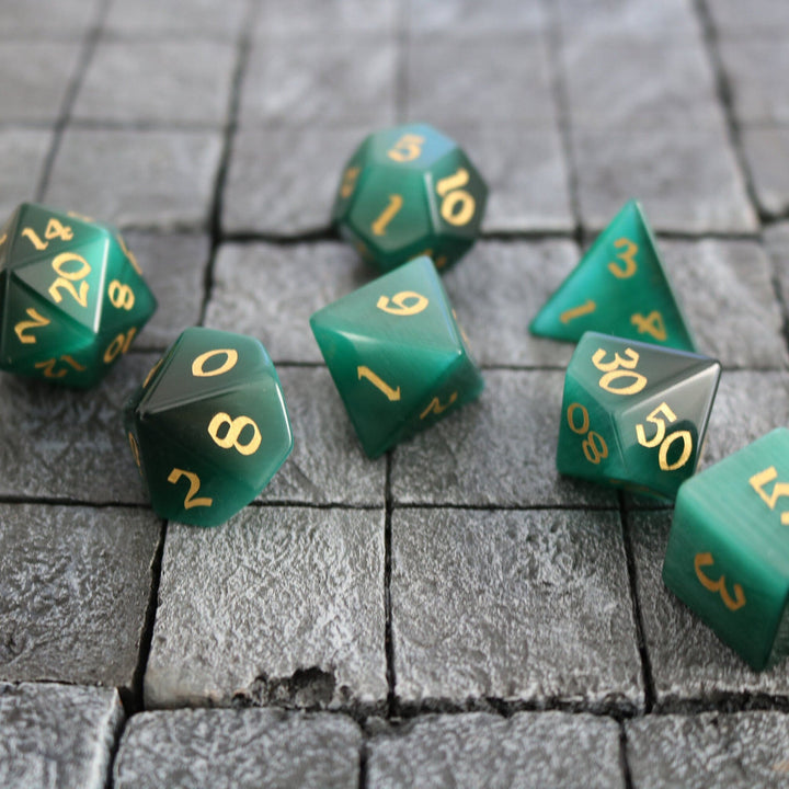 Hand Carved Gemstone Dark Green Cats Eye Stone (And Box) Polyhedral Dice DnD Dice Set