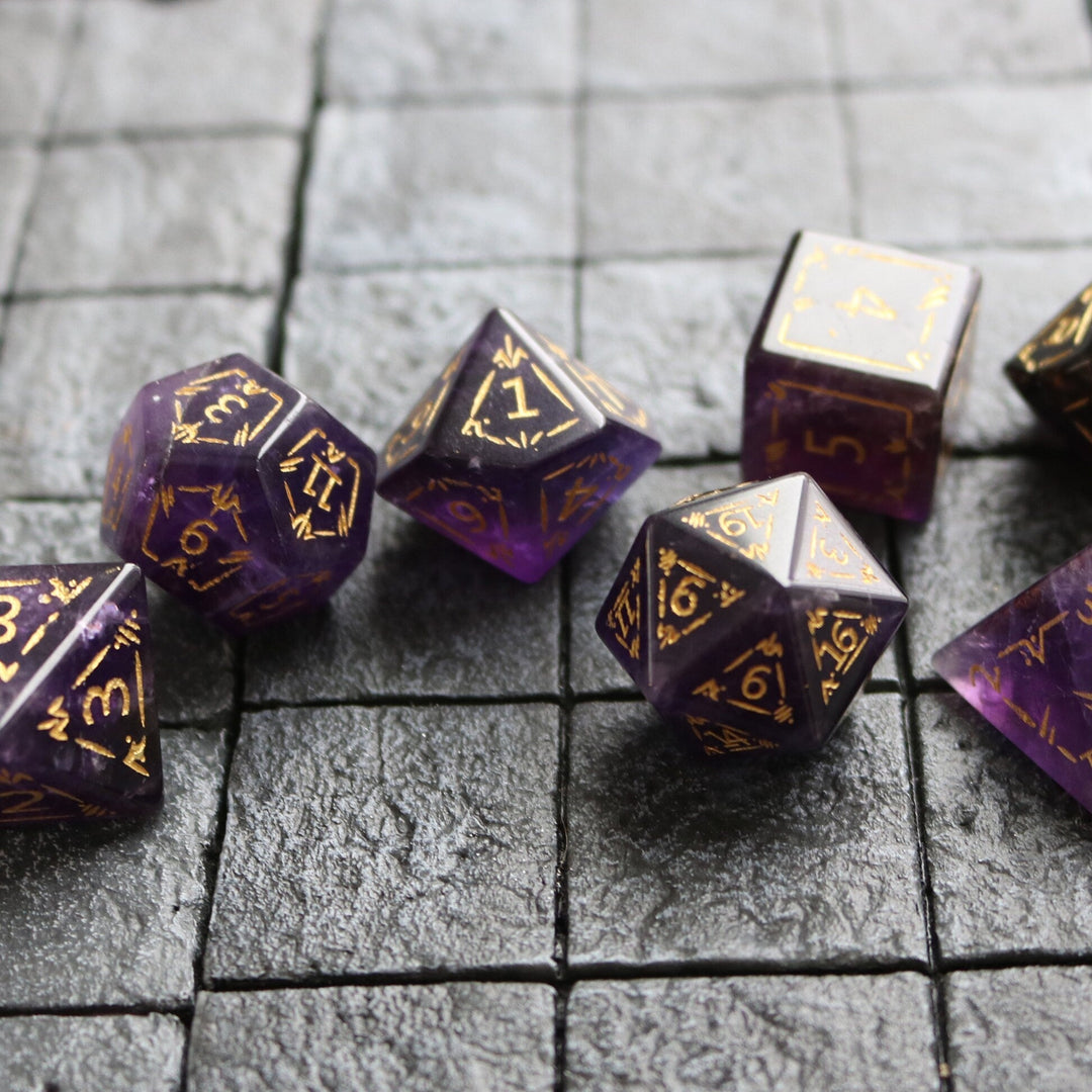 Dragon Shield Purple Gemstone Amethyst Dice (With Box) Hand Carved Polyhedral Dice DND Set