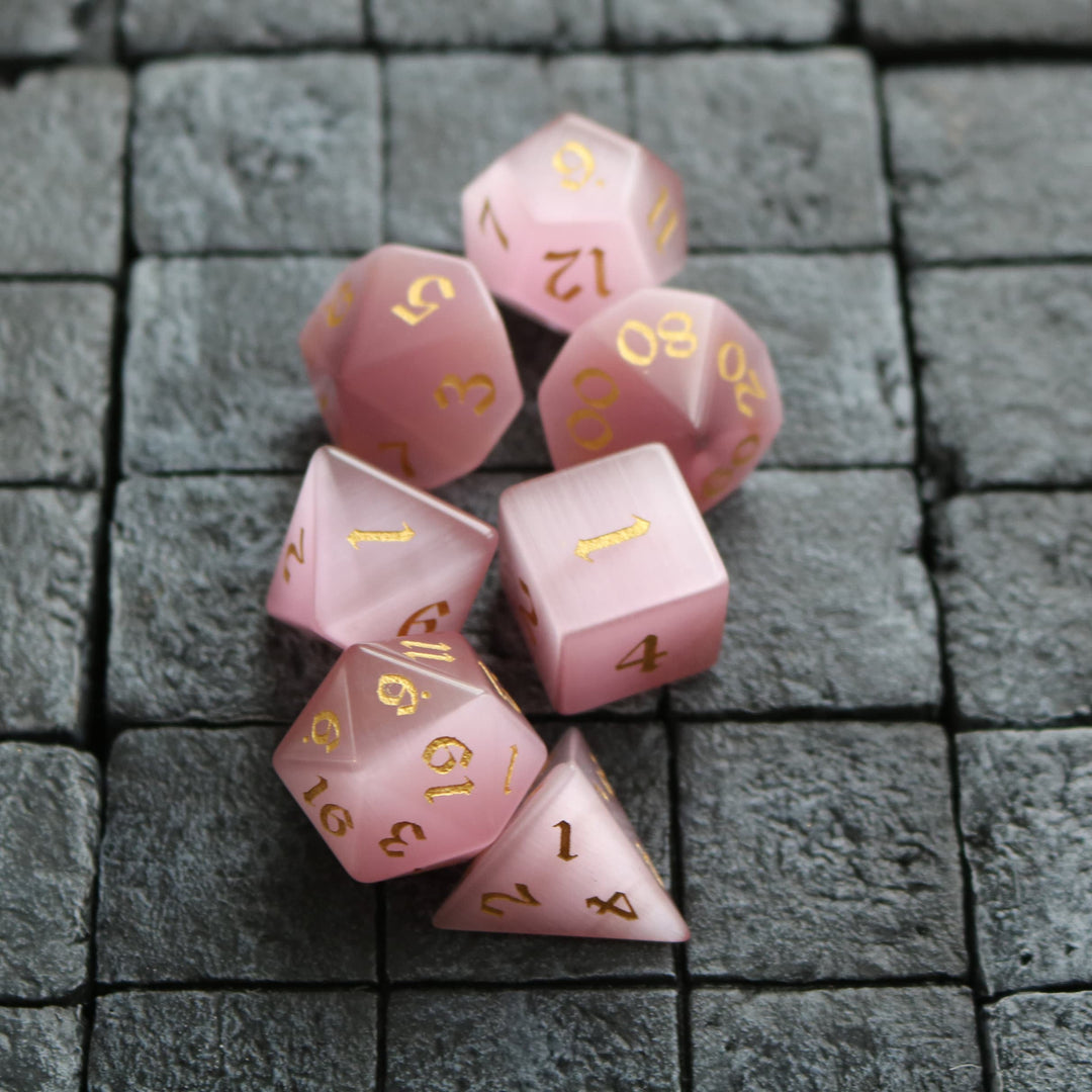 Hand Carved  Gemstone Pink Watermelon Cats Eye Stone (And Box) Polyhedral Dice