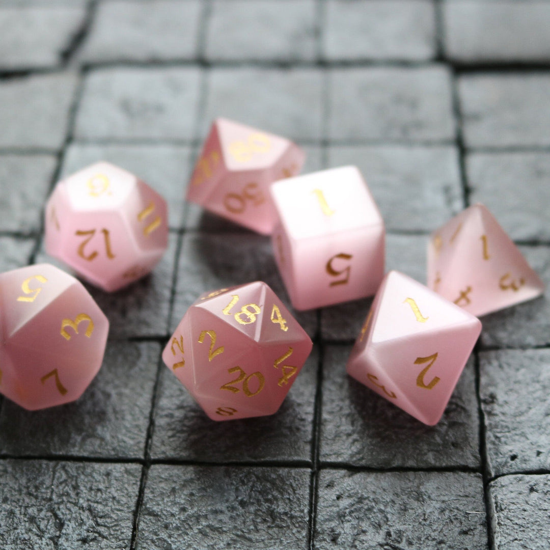 Hand Carved  Gemstone Pink Watermelon Cats Eye Stone (And Box) Polyhedral Dice