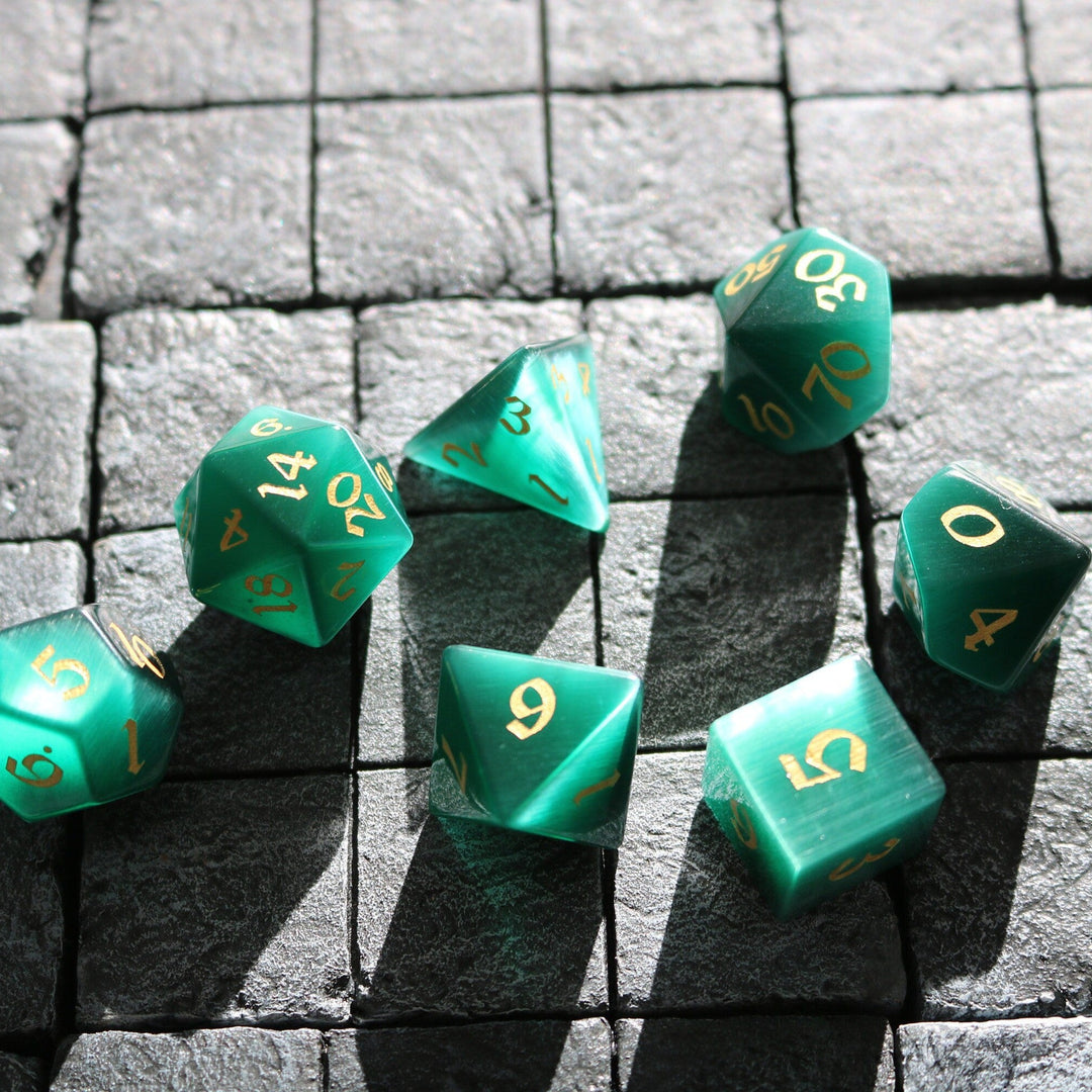 Hand Carved Gemstone Dark Green Cats Eye Stone (And Box) Polyhedral Dice DnD Dice Set