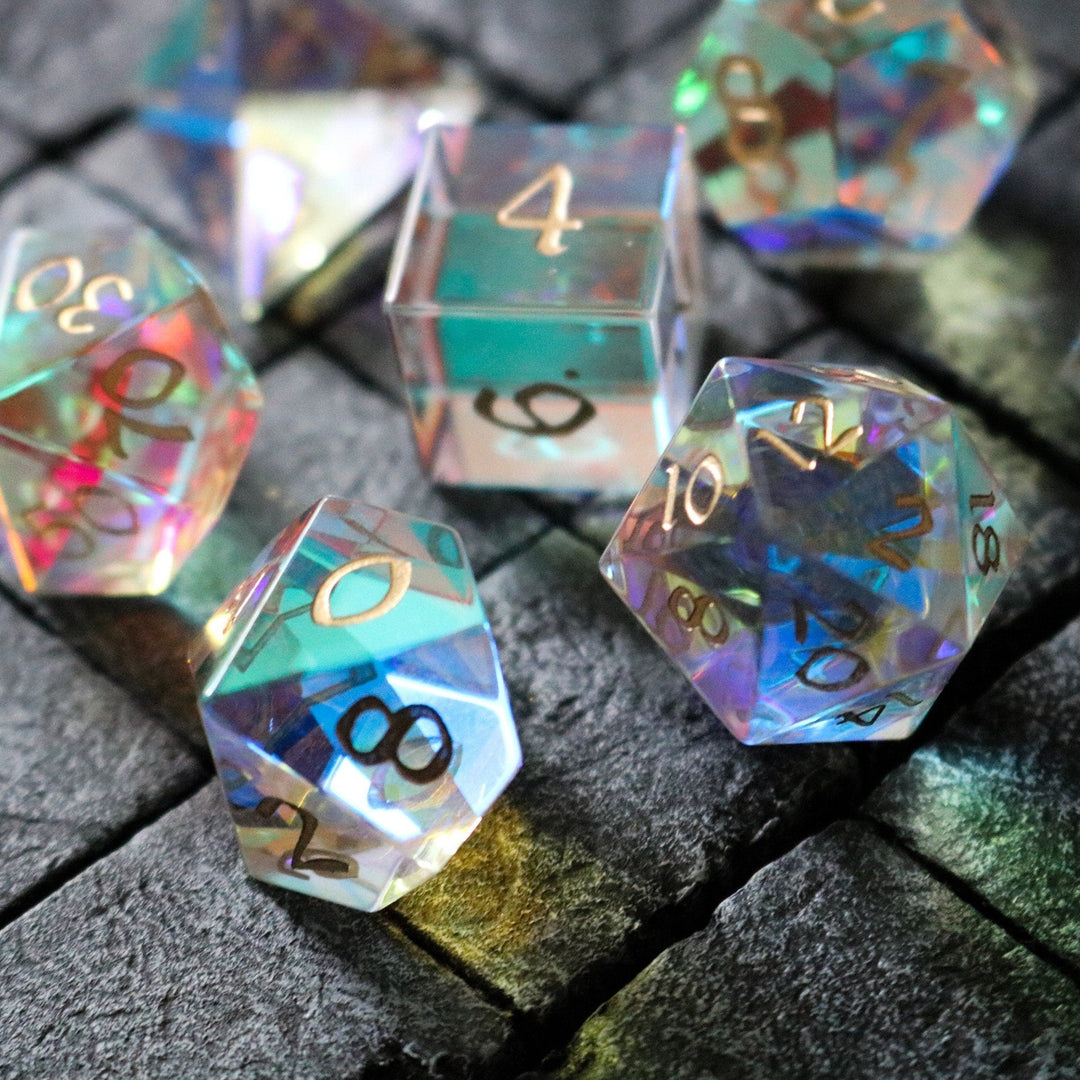 Hand Carved  Gemstone Dichroic Glass Polyhedral Dice (With Box) DnD Dice Set - RPG Game DND MTG Game