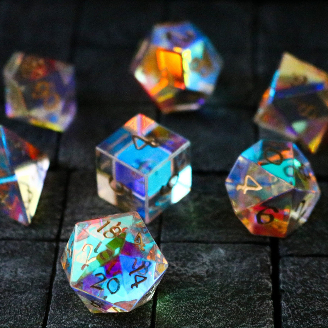 Hand Carved  Gemstone Dichroic Glass Polyhedral Dice (With Box) DnD Dice Set - RPG Game DND MTG Game