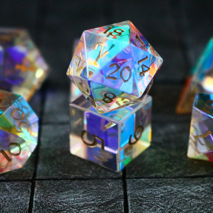 Hand Carved  Gemstone Dichroic Glass Polyhedral Dice (With Box) DnD Dice Set - RPG Game DND MTG Game