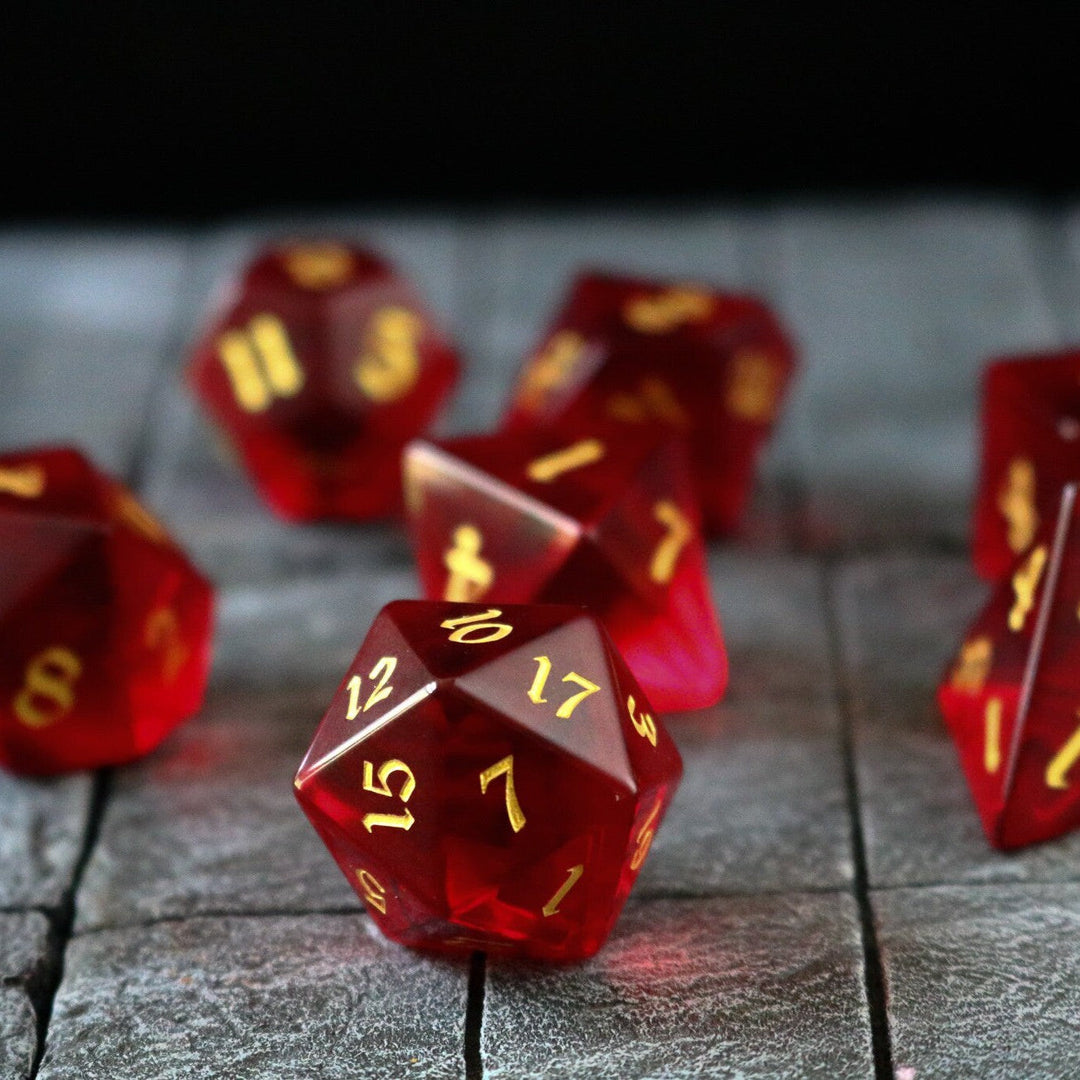 Hand Carved Blood Red Zircon Glass (And Box) Polyhedral Dice DND Set