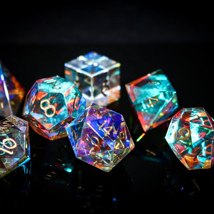 Hand Carved  Gemstone Dichroic Glass Polyhedral Dice (With Box) DnD Dice Set - RPG Game DND MTG Game