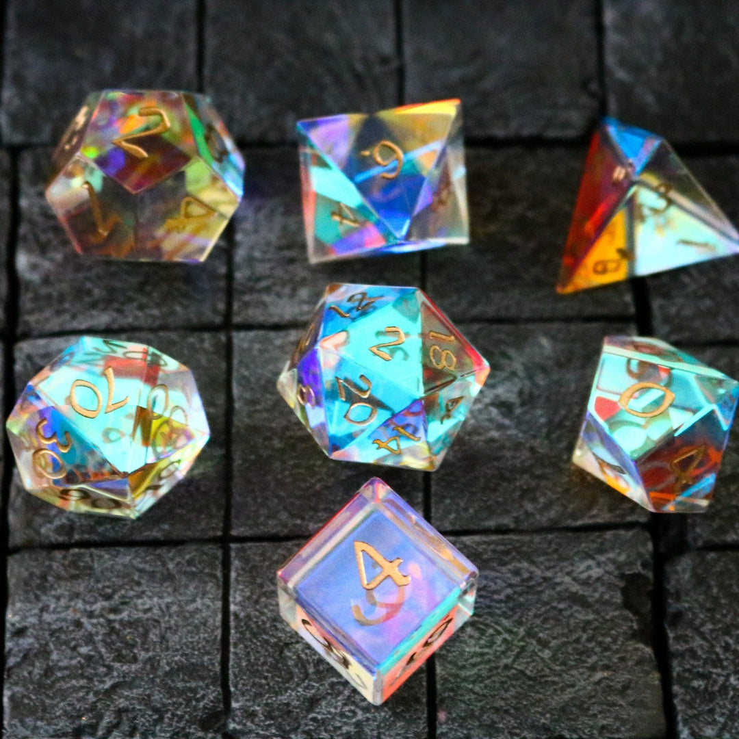 Hand Carved  Gemstone Dichroic Glass Polyhedral Dice (With Box) DnD Dice Set - RPG Game DND MTG Game