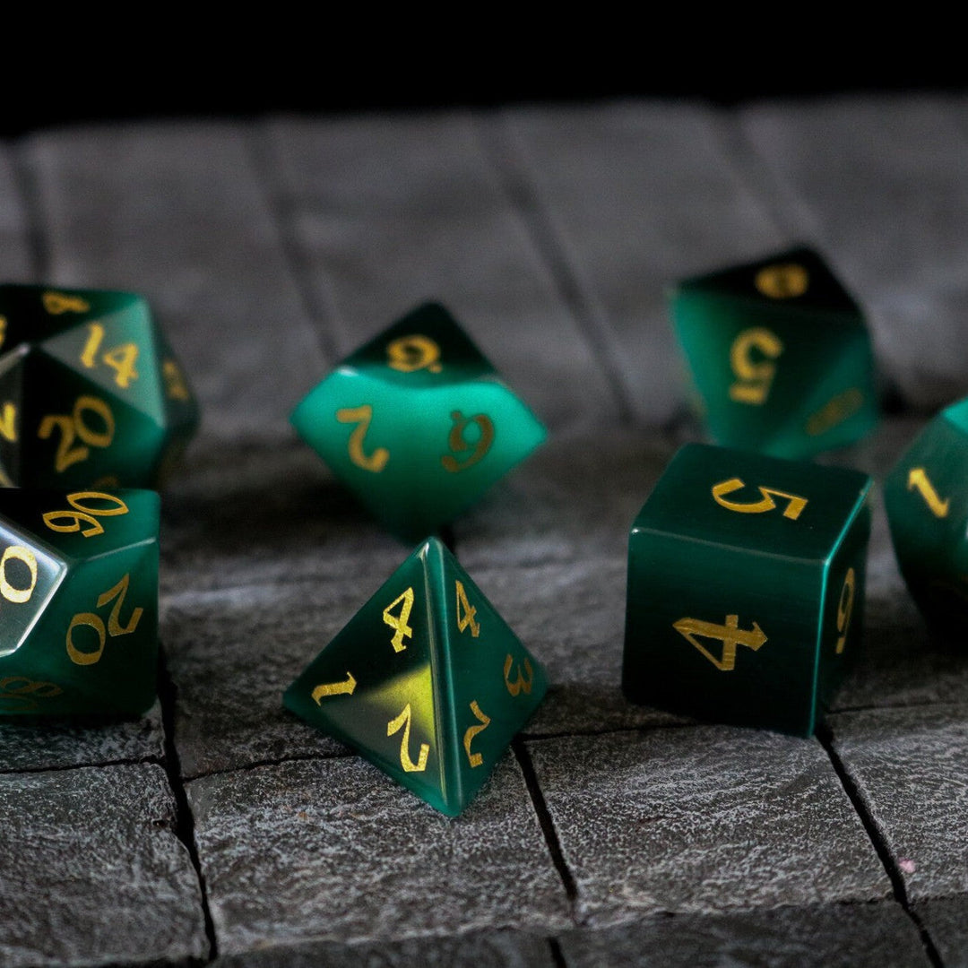 Hand Carved Gemstone Dark Green Cats Eye Stone (And Box) Polyhedral Dice DnD Dice Set