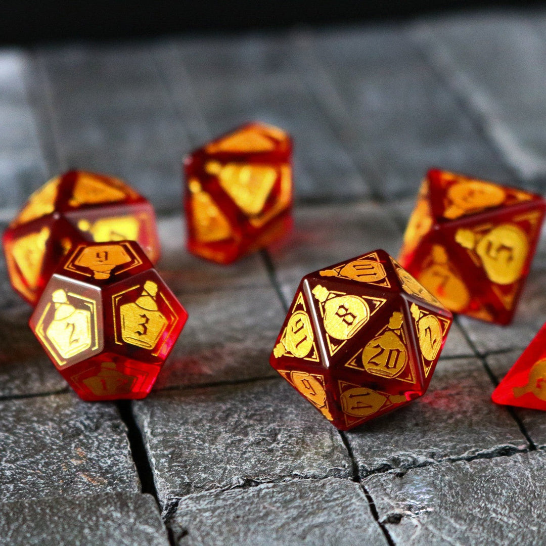 Health Potion Red Zircon Glass (And Box) Polyhedral Dice DND Set