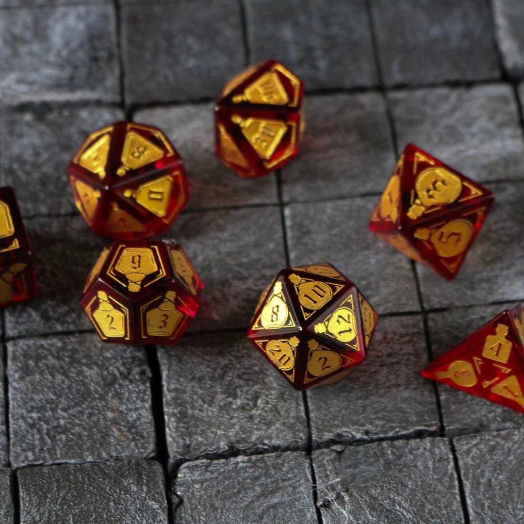 Health Potion Red Zircon Glass (And Box) Polyhedral Dice DND Set