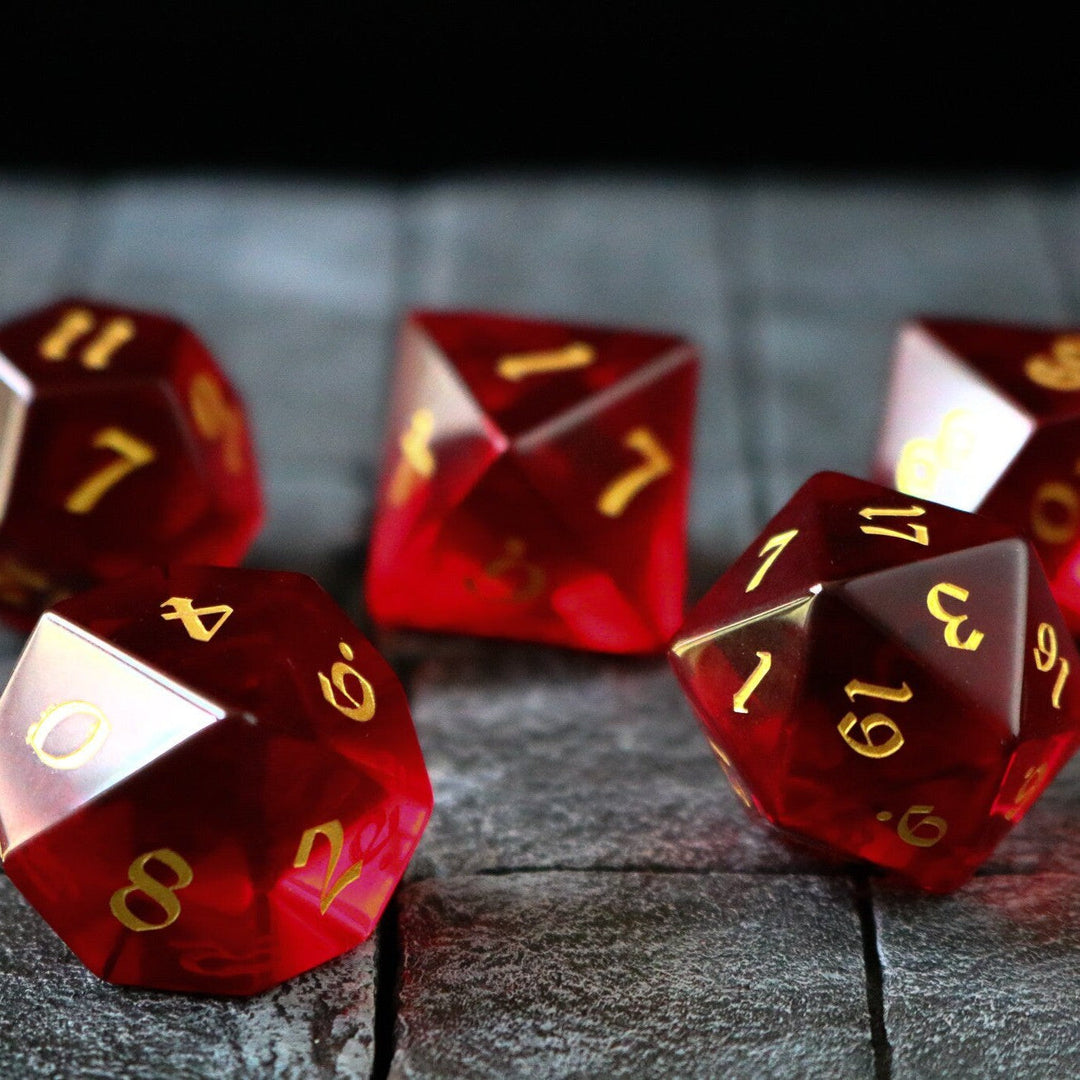 Hand Carved Blood Red Zircon Glass (And Box) Polyhedral Dice DND Set