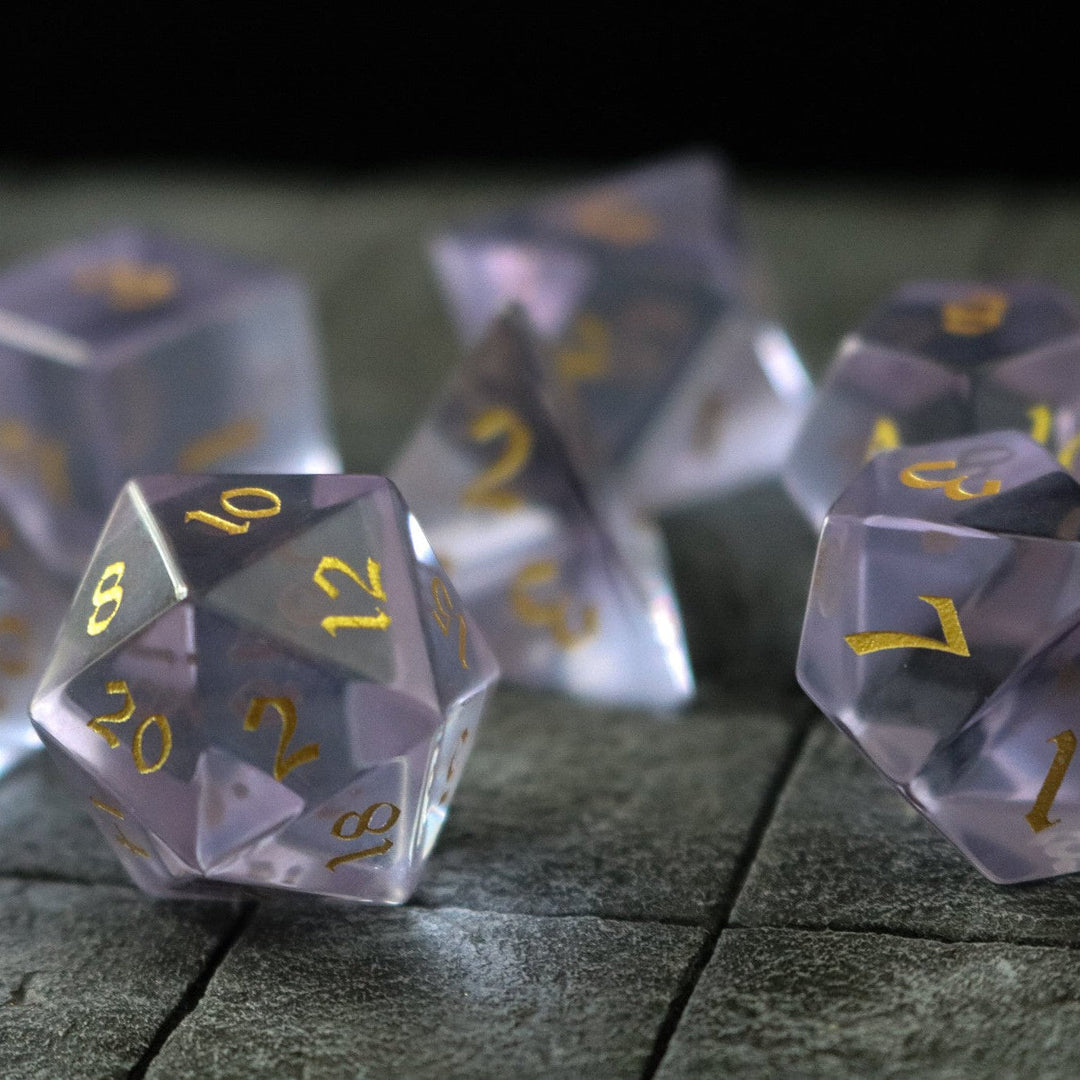 Hand Carved Purple Zircon Glass (And Box) Polyhedral Dice Set