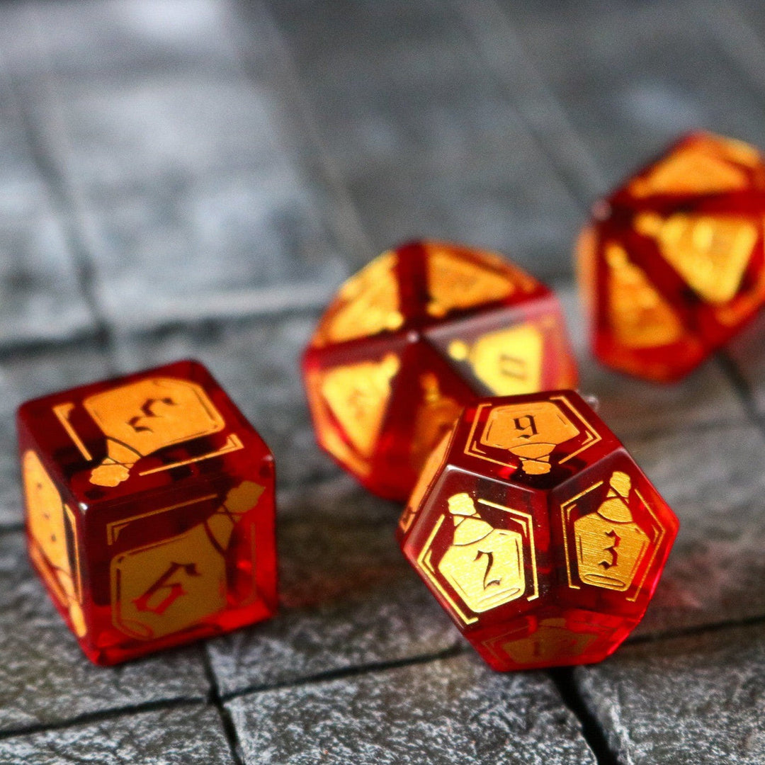 Health Potion Red Zircon Glass (And Box) Polyhedral Dice DND Set