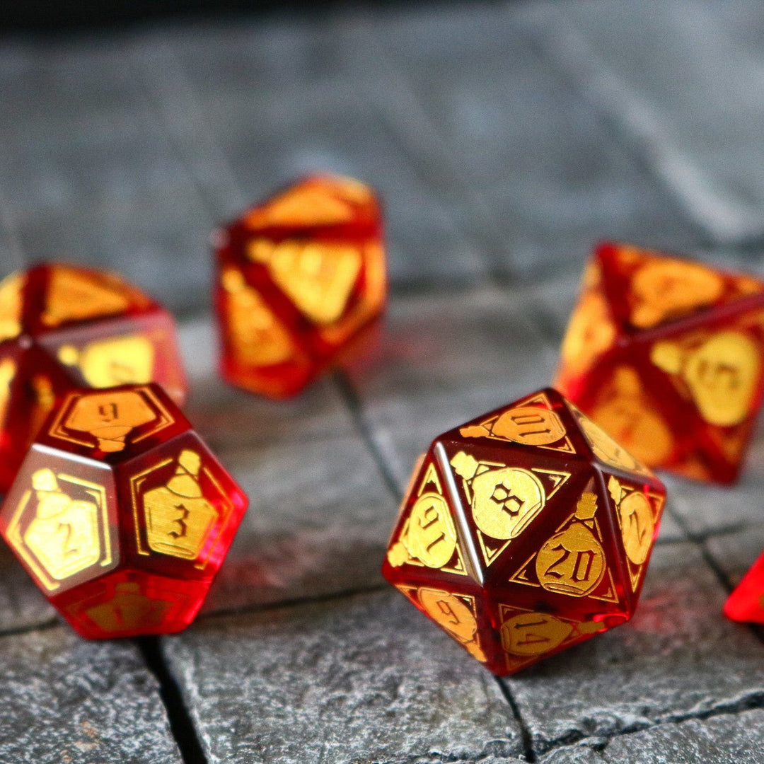 Health Potion Red Zircon Glass (And Box) Polyhedral Dice DND Set